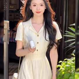 法式气质高级感短袖连衣裙子女夏季新款韩系通勤显瘦绝美收腰长裙