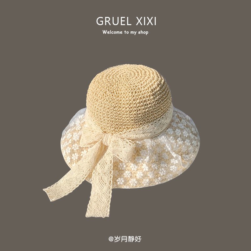日系小清新花朵蕾絲草編帽子女夏季出遊海邊度假百搭赫本風遮陽帽