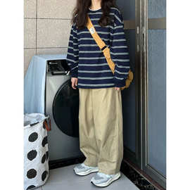 2024年新款春秋季薄款慵懒风宽松百搭条纹卫衣女长袖圆领套头上衣