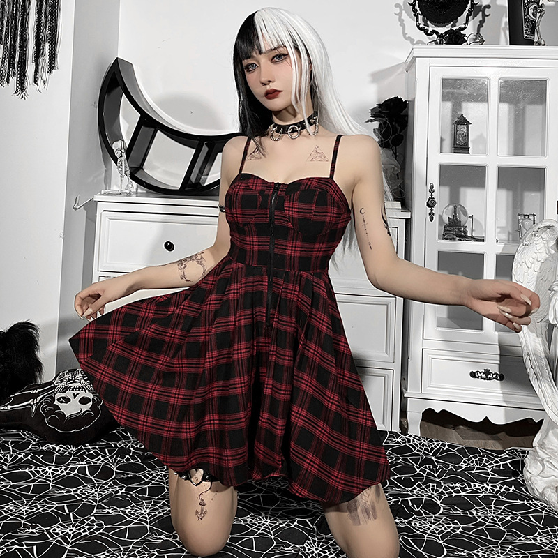 Gothic Style Plaid Contrast Color Backless Zipper Stitching Dress NSGYB116275