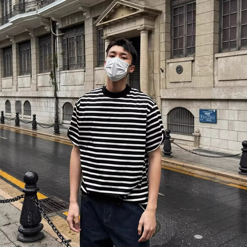 American-Style Heavyweight Double-Yarn Pure Cotton Striped Short-Sleeve T-Shirt for Men, Summer Small Neckline Casual Cleanfit Loose Fit Tee American-Style Heavyweight Double-Yarn Pure Cotton Striped Short-Sleeve T-Shirt for Men, Summer Small Neckline Casual Cleanfit Loose Fit Tee