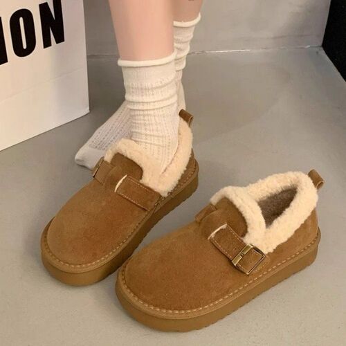 Winter New Women's Thick-Heeled Birkenstock Shoes with Fleece Lining, Non-Slip, Warm and Cozy Plush Cotton Shoes