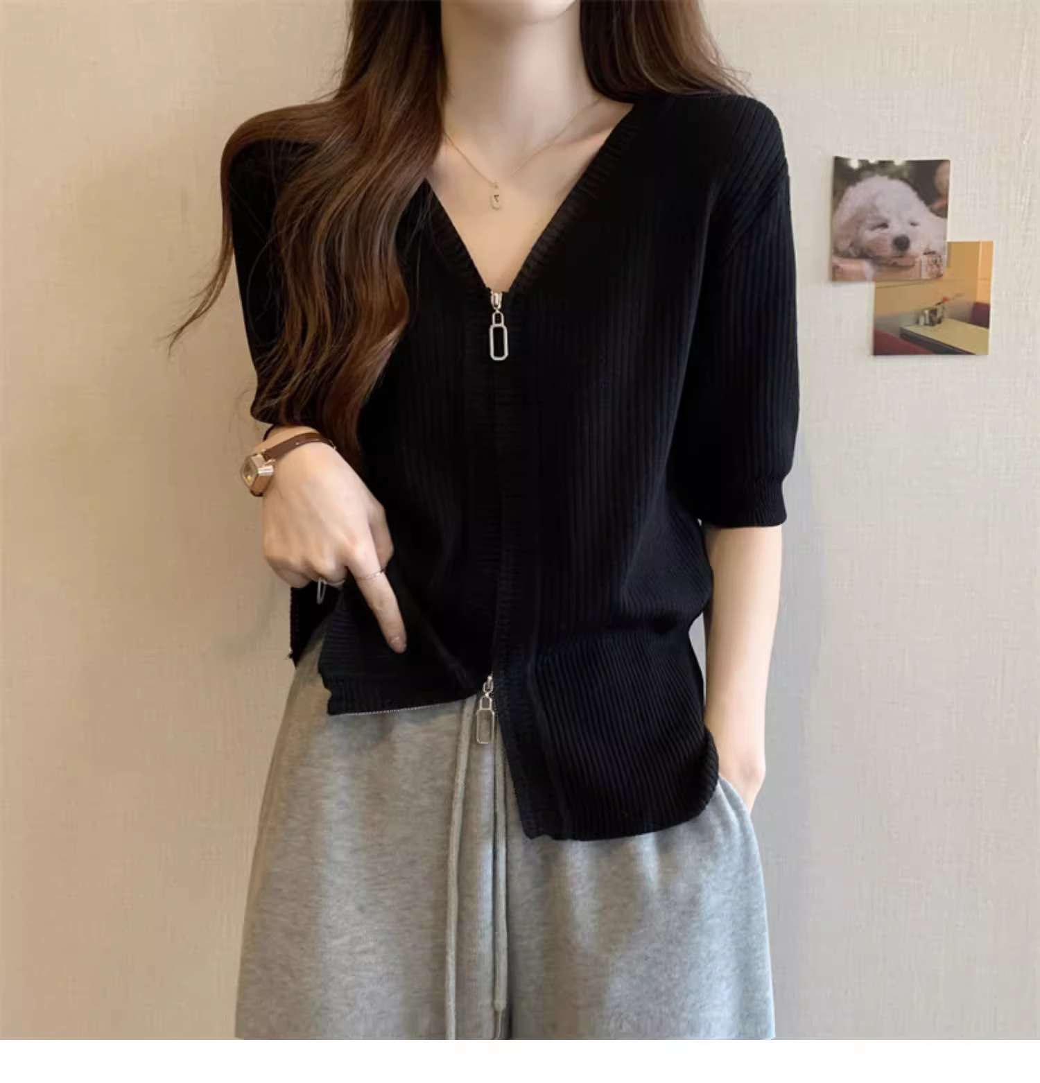 Áo len ngắn tay nữ cỡ lớn phong cách Hàn Quốc, chất liệu lụa mát, có dây kéo, che bụng hiệu quả — Màu đen chi tiết 5