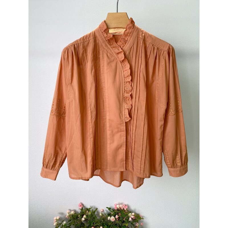 French-style gentle elegance~ Orange embroidered ruffled stand-collar shirt for women, pure cotton, loose fit, pleated, with lace trim, long-sleeved top