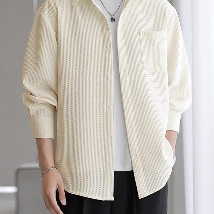 Versión coreana de la camisa de textura para hombres, estilo ligero cocido, suelto, manga larga, suave, ceroso, transpirable, camisa fresca, ropa de trabajo de moda, camisa de pulgadas, marea