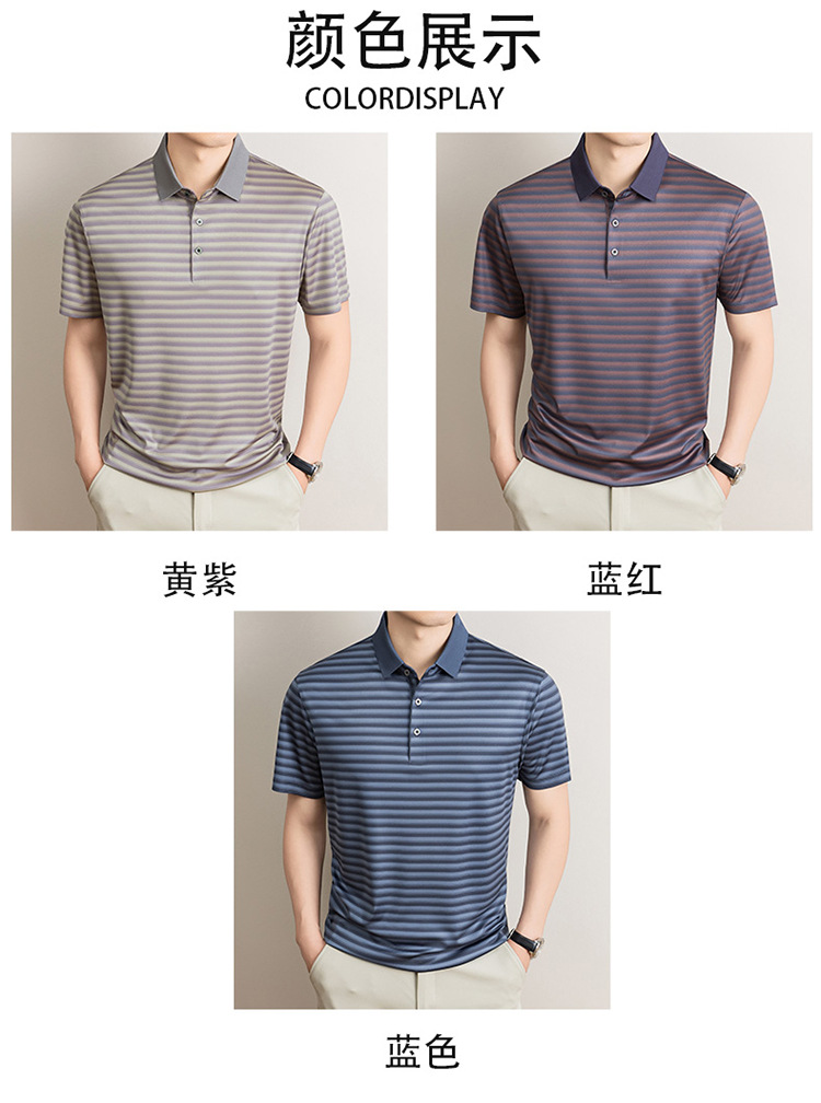 Áo polo nam tay ngắn cổ bẻ sọc kẻ chất liệu tơ tằm mulberry mềm mịn — Vàng tím 8878 chi tiết 7
