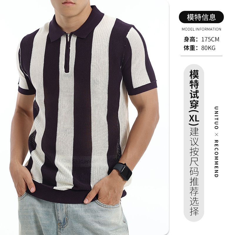 Europa y los Estados Unidos transfronterizos para hombres colores contrastantes rayas verticales jersey polo seda de hielo semia cremallera collar manga corta hombre de negocios casual