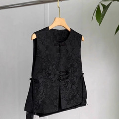新中式国风提花黑色马甲背心女春夏新款外搭开衫盘扣坎肩无袖上衣