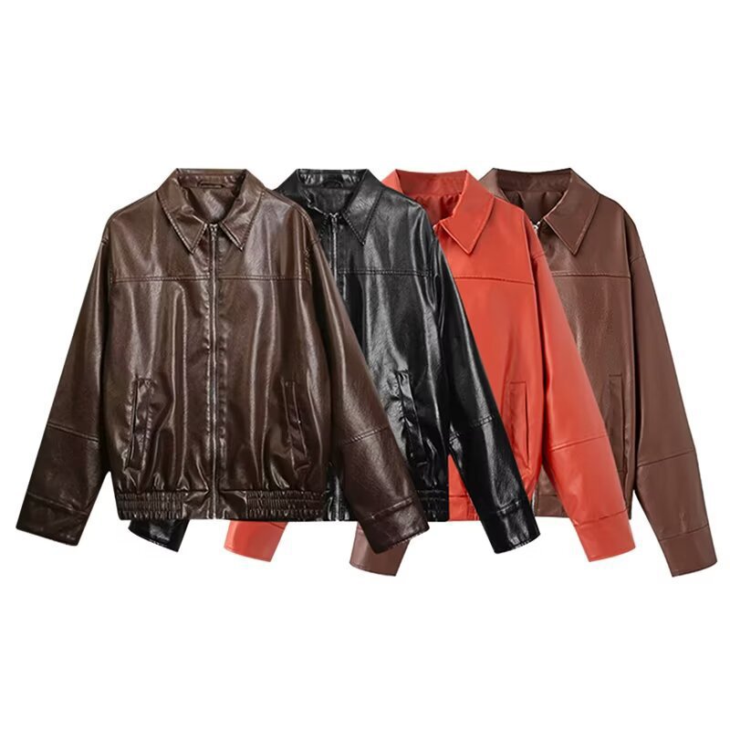 女装批发美式复古翻领拉链宽松休闲PU仿皮皮衣外套F824165