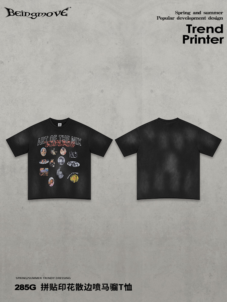 Calle secada| 2026 nuevo estilo americano High Street retro hacer vieja camiseta lavada empalme impresión de pulverización de caballo camiseta de manga corta para hombres
