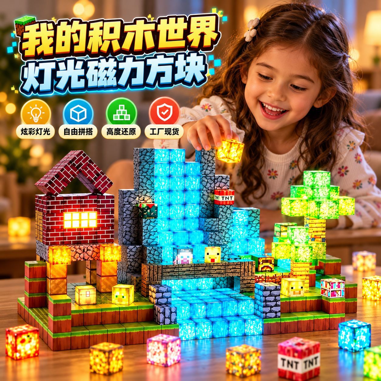 新款灯光磁力方块世界儿童DIY拼装积木磁吸场景搭建益智玩具爆款
