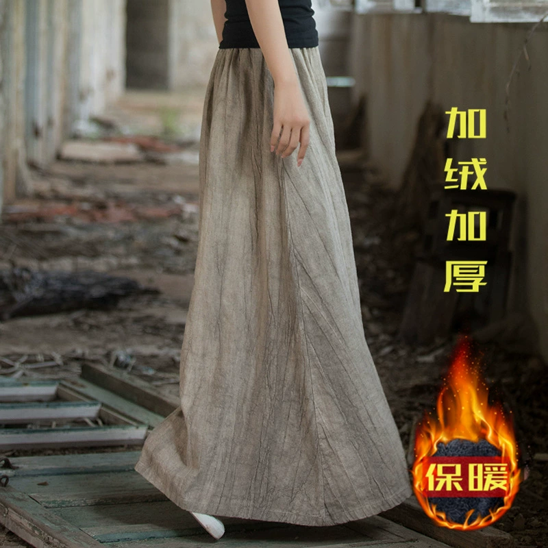 Новая женская длинная универсальная юбка из хлопка и льна с зимним утеплением, толстая, теплая, с эффектом тай-дай, на флисовой подкладке