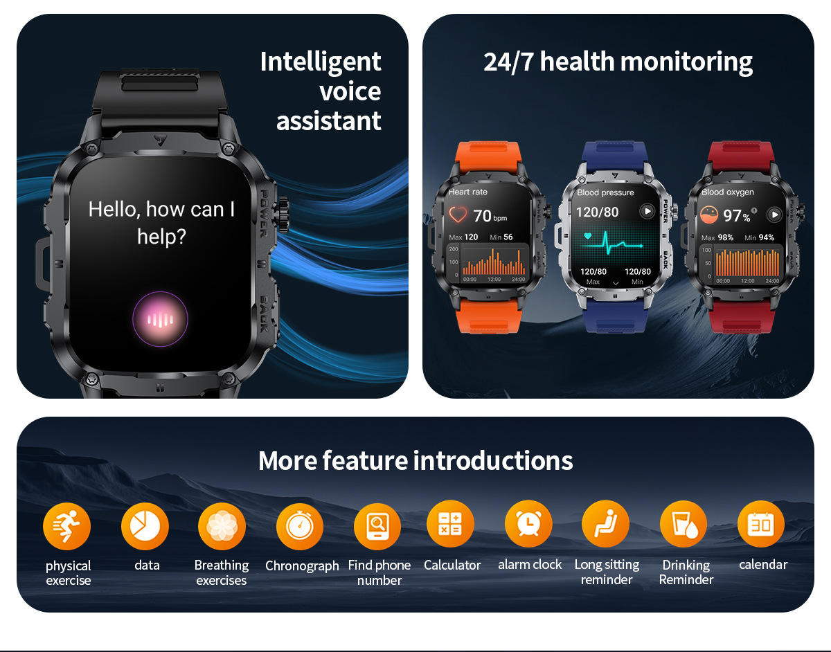 Men's Bluetooth Smartwatch With Heart Rate And Blood Oxygen Monitoring Multi Sports Watch Waterproof Fitness Tracker Touchscreen Watch_voghion.com
