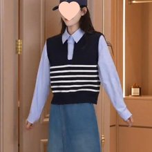 春季韩系polo领假两件针织衫毛衣女小众条纹牛仔拼接上衣打底衫潮