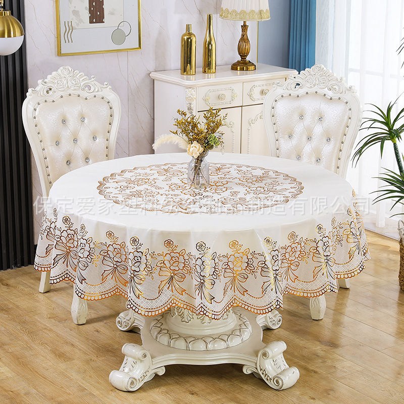 PVC欧式3D烫金蕾丝花边酒店家用餐圆桌布防水防烫油免洗茶几垫