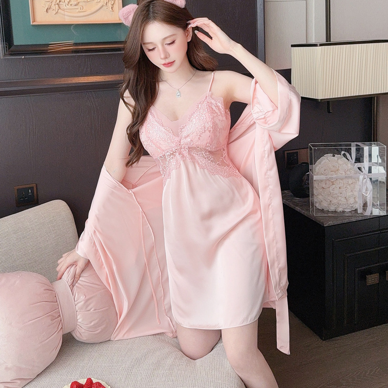 여성 여름 메쉬 레이스 잠옷, 섹시한 잠옷, 아이스 실크 잠옷, 서스펜더 투피스 세트, 라이브 방송 핫 스타일, 가슴 패드 포함