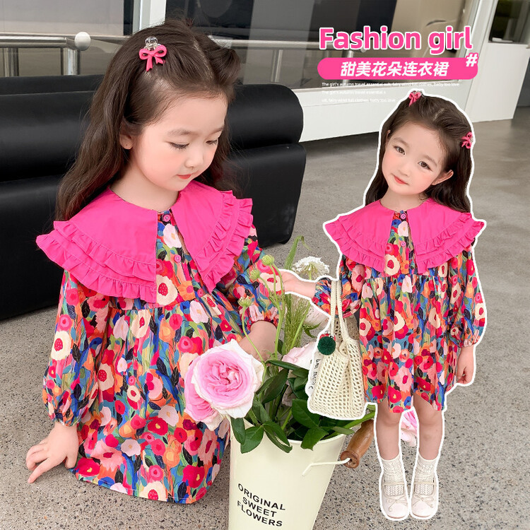 Dopamine Girl's Spring and Autumn Floral Dress Dragon Fruit Large Lapel Floral Dress Fashionable Western Style Korean Floral Dress Dopamine Girl's Spring and Autumn Floral Dress Dragon Fruit Large Lapel Floral Dress Fashionable Western Style Korean Floral Dress
