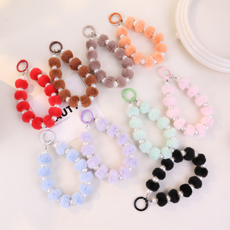 Autumn and Winter Plush Ball Mobile Phone Case Short Lanyard Girls Wrist Chain Beaded Hanging Chain Versatile Creative Satchel Anti-Lost Chain Rope