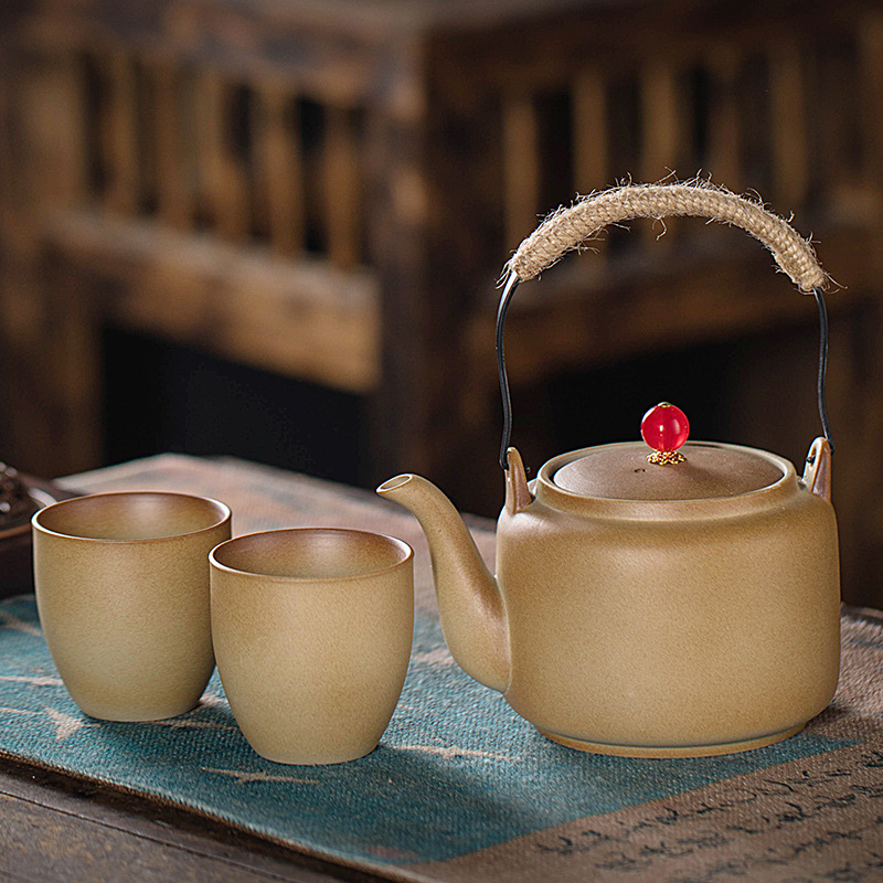 Juego de Té para Preparar con Carbón Vegetal, con Tetera de Cerámica Rústica Vintage, Tetera con Asa Lateral, Jarra, Estilo Chino para Exteriores y Hogar.