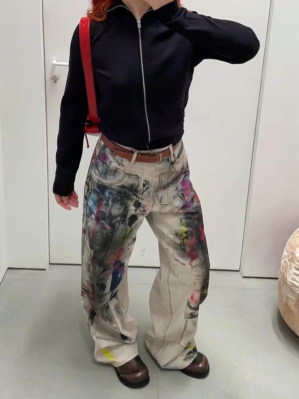 美式复古重工做旧涂鸦印花牛仔裤子男朋克辣妹废土风脏脏拖地长裤|undefined