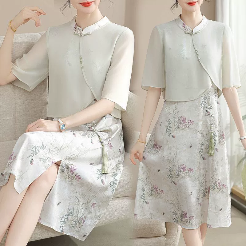 Летнее платье для матери среднего возраста с короткими рукавами, искусственная двухсекционная женская юбка среднего и пожилого возраста, новая летняя юбка средней длины в китайском стиле