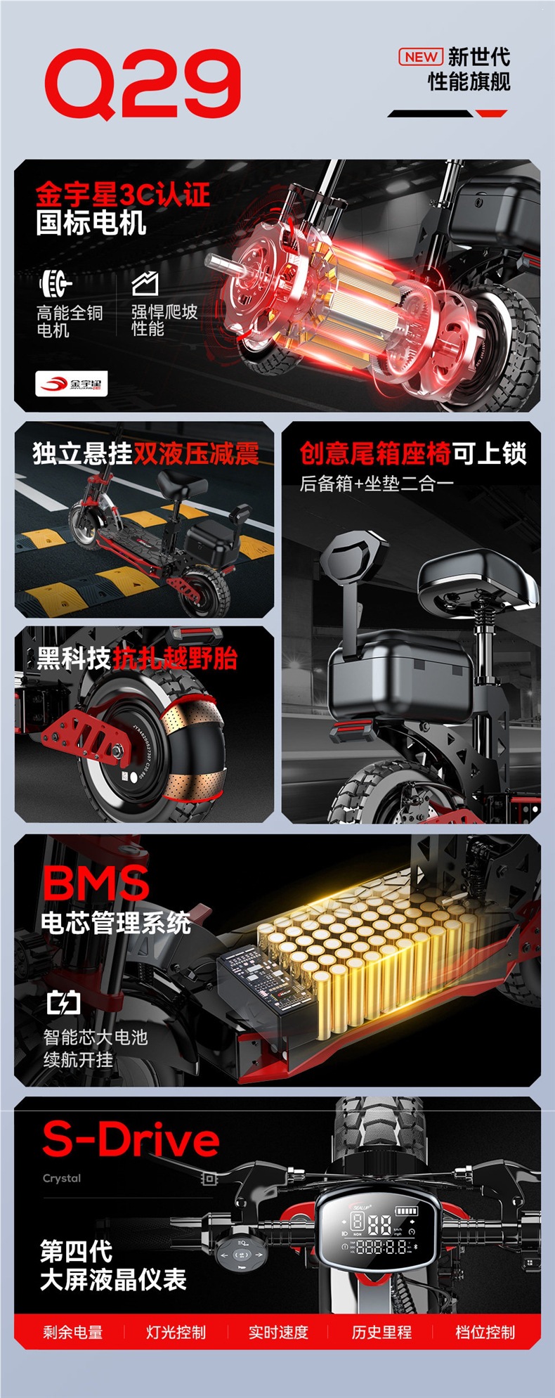 Hilop electric scooter for commuting to work, electric folding scooter with a trunk, off-road shock-absorbing small electric scooter