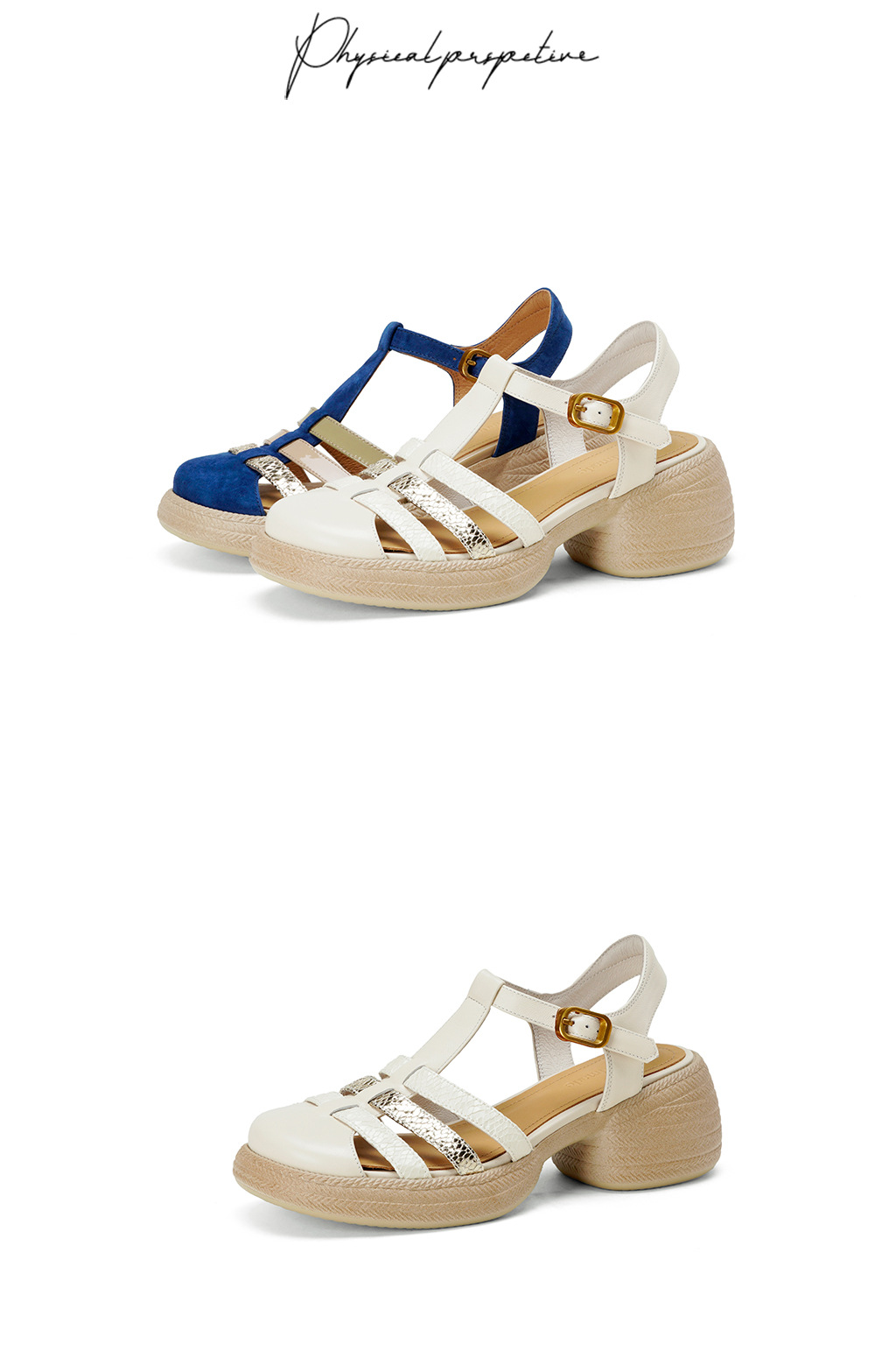 Sandal nữ quai chữ T đan dây đế dày gót thô 6.5cm phong cách La Mã — Màu xanh da trời chi tiết 16