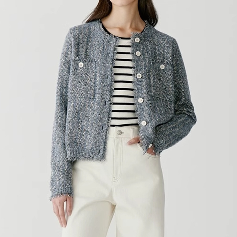 Tweed Style Round Neck Knitted Cardigan for Women 25 Autum New Cotton Blended Fancy Yarn Tweed Round Neck Jacket Top