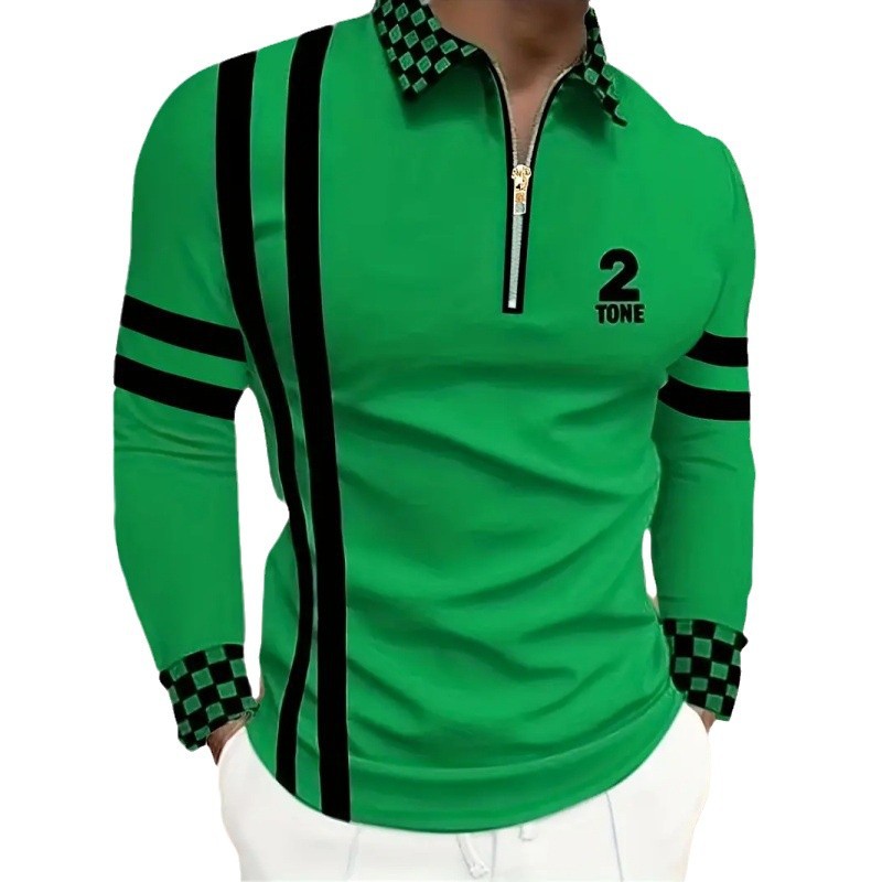 Camisa POLO con cremallera de todo fósforo con solapa suelta y transpirable de manga larga deportiva para hombres Venta caliente Impresión digital 3D