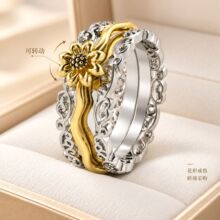 跨境欧美风希音热卖个性双色花朵戒指可转动花朵女士戒指高级指环
