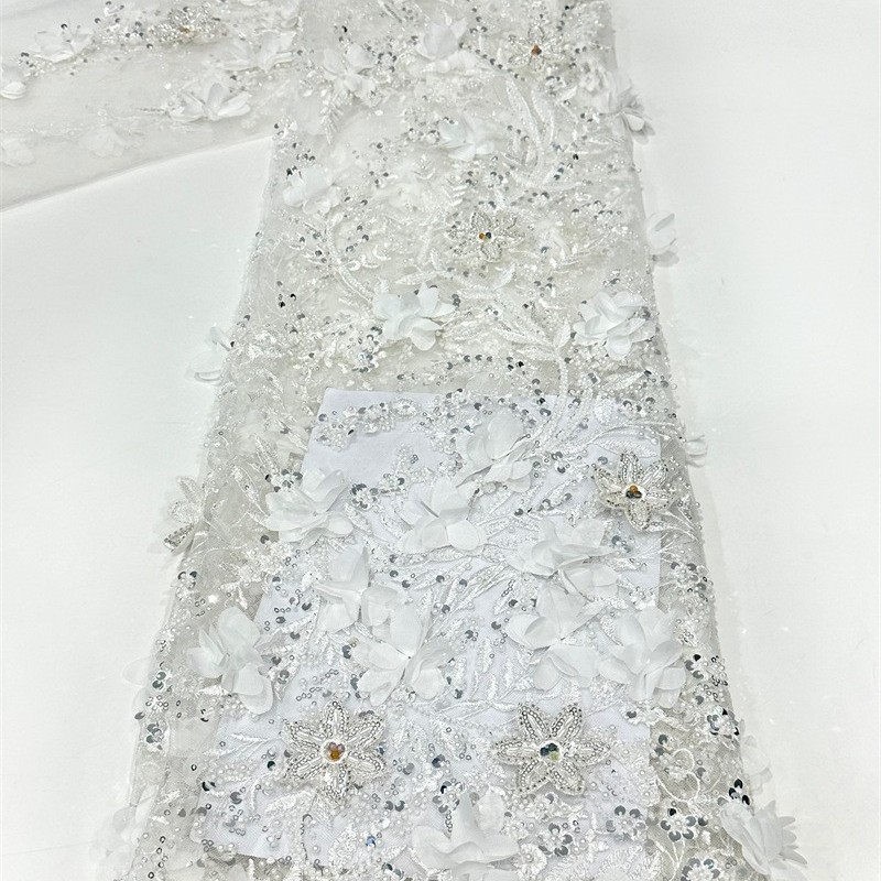 Tejido de bordado de mano pesada pura perla de sequela de perlas tela de malla de tubo de perlas de alta fijación vestido de boda vestido de tela image 5