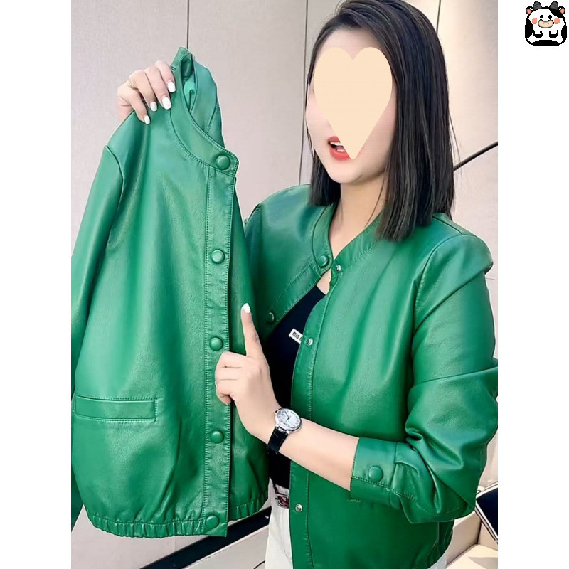Fashion Spring and Autumn Leather Jacket 2026 New Loose Slimming Leather Jacket Round Neck Casual Versatile Korean Short Style for Women