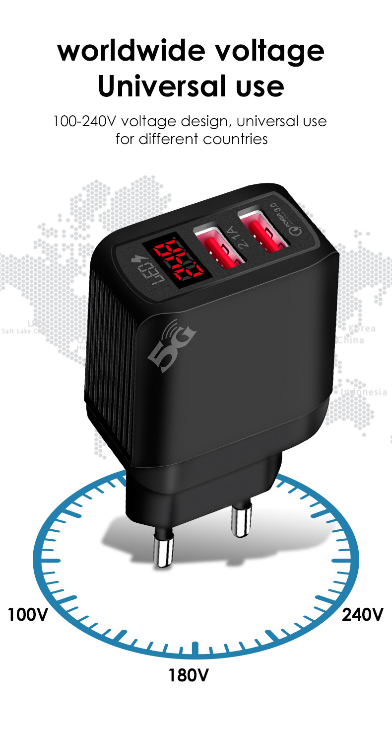5V2.4A Multi port USB punjač Inteligentni digitalni zaslon Trenutni napon Glava za punjenje mobilnog telefona Pogodna za Apple_voghion.com