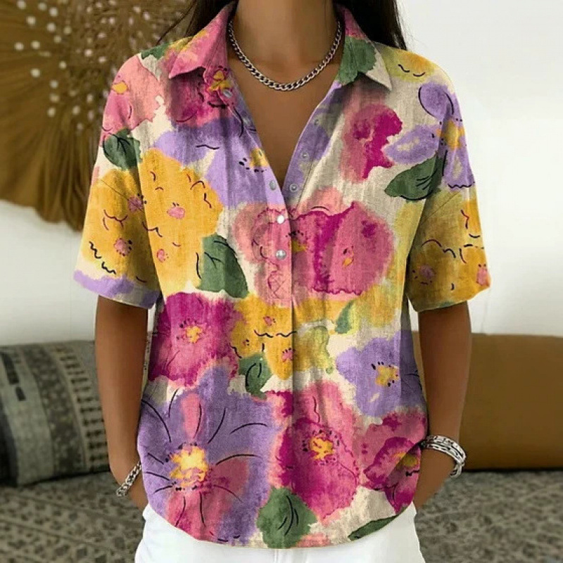 2026 European and American Cross-Border Foreign Trade Early Summer Exquisite Women's Short-Sleeve 3D Digital Print Button-Up Shirt Comfortable and Casual