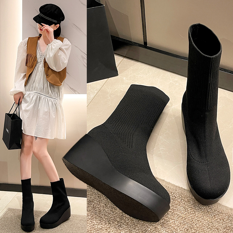 Demi-season fashionable elastic low boots platform wedge heel heels