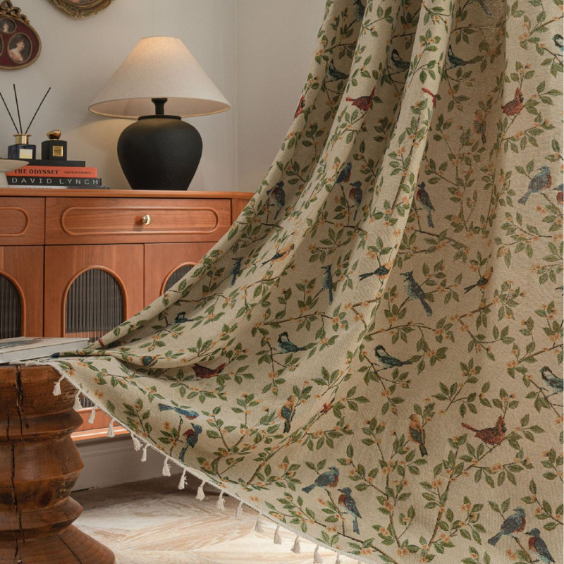 Yiman Qiyun Curtain Jacquard Flower Bird Graphic Curtain Finished Kitchen Curtain Bay Window Semi-Shaded Factory Direct Supply