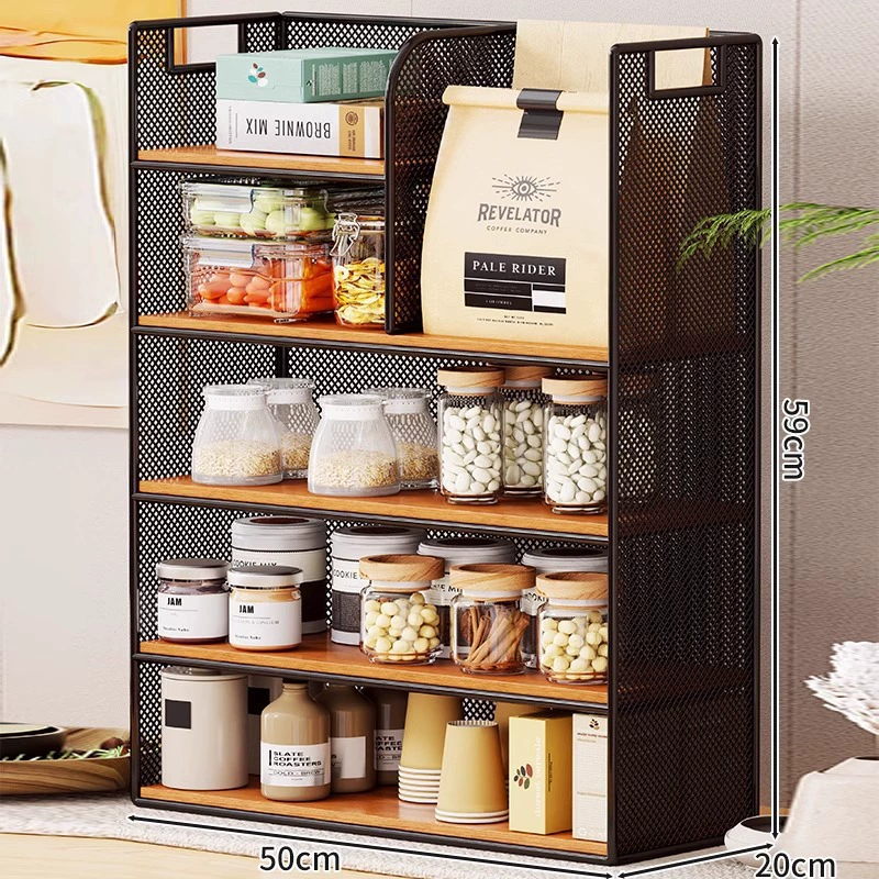 Desktop Storage Rack, Multi-Layer Mesh Frame with Oak/Teak Shelves, 2–5 Tier Options