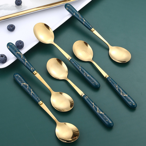 Nordic creative stainless steel imitation ceramic marble handle household dessert spoon soup rice spoon 6 gift box set