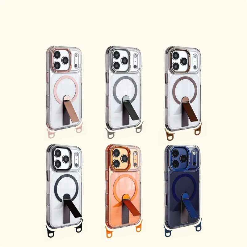 Magnetic Stand with Hanging Buckle, Crossbody Strap, Hollow Ai Button, Suitable for Apple iPhone 17 Pro Max Phone Case 16