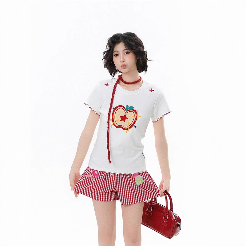 アップル刺繍トップステッチデザイン右肩半袖Tシャツレディース夏新作スリムフィット万能スイートトップ|undefined
