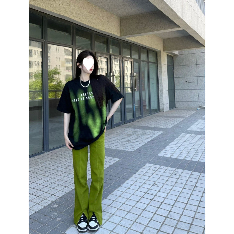 Aocado Green Split Straight Jeans Women's Autumn Thin American Style Retro Casual Trendy Ins Pants
