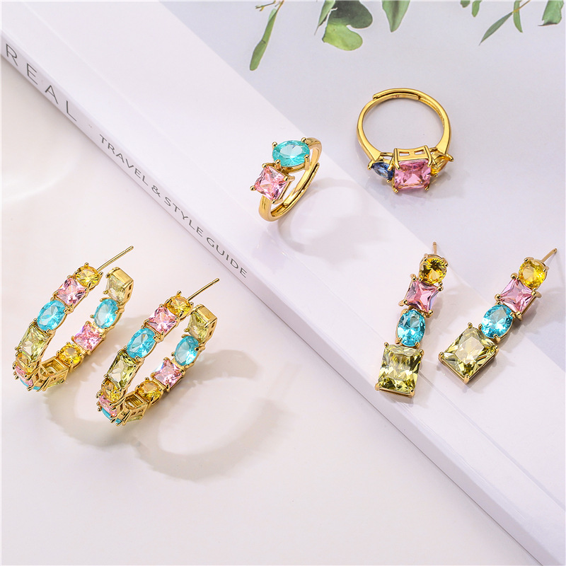 Sweet C Shape Square Water Droplets Copper Rings Earrings In Bulk display picture 1