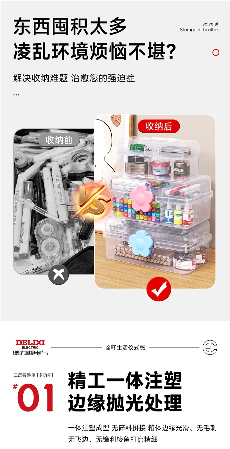 Delixi Art Tool Box Plastic Art Student Tool Box Storage for Painting Tools Portable Three-Layer Multifunctional