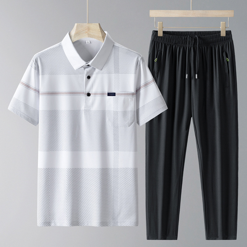 Traje de seda de hielo de verano para papá, camisa de polo de manga corta para hombres de mediana edad y ancianos, pantalones de secado rápido, traje casual de dos piezas de verano de mediana edad para hombres