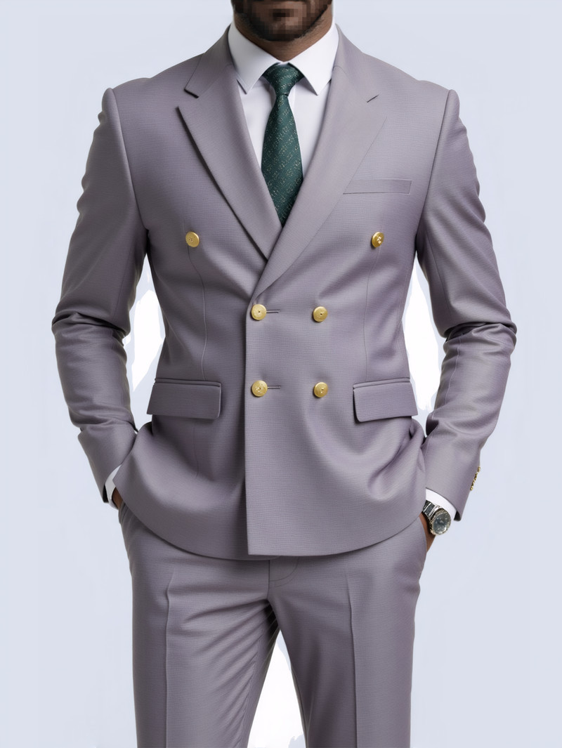 Men's Slim Fit Suit With Double Breasted Gold Buttons Set_voghion.com