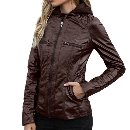 New Arrival European & American Style Women's Detachable Lapel Long-Sleeve Solid-Color Zip-Up Leather Jacket—Motorcycle-Inspired Outerwear