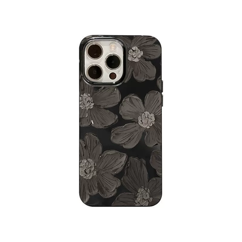 Silicone Phone Case (iPhone) Floral Oil-Paint Design, Bright Black, Slim Protective