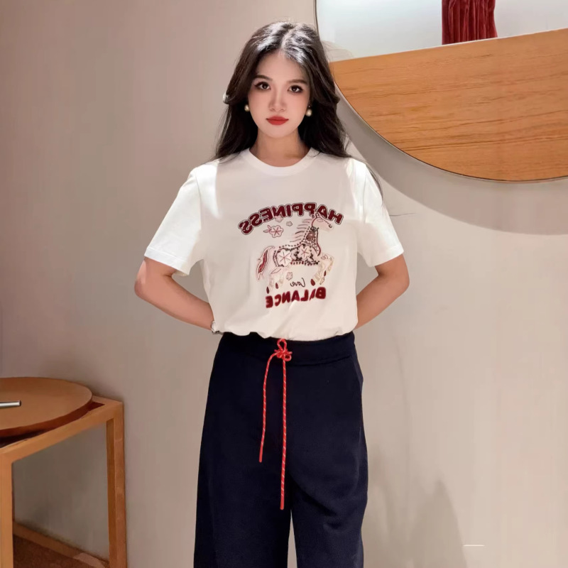 2026 Summer Ep Ya Ying Short Sleeve T-Shirt for Women, Tang Yan Style Heavy Embroidery Flocking Round Neck Top 5301A