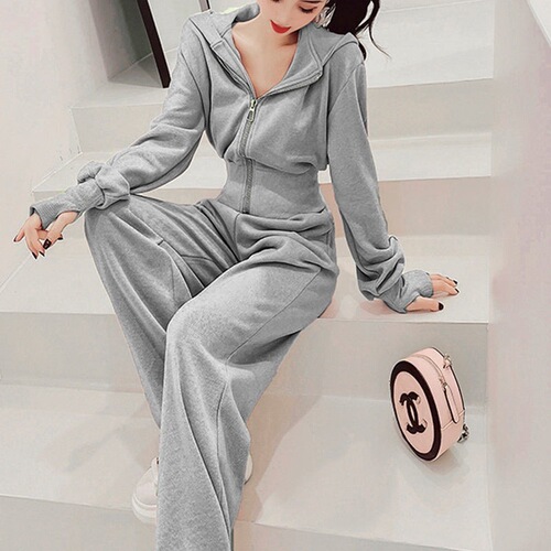 Autumn/Winter Sportswear Hong Kong Style Tall Matching Set Zip Hoodie Thin Sweatshirt Running Top Two-Piece Set for Women Trendy