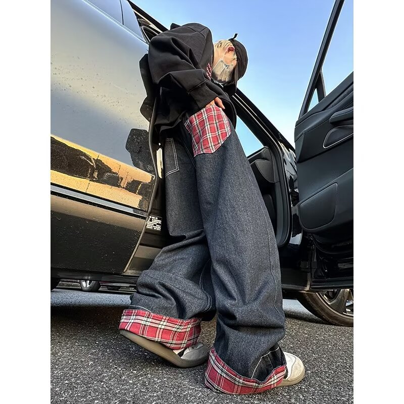 Cross-border Plaid Stitching Curl Jeans Men's Summer New American Style High Street Washed Loose Straight Casual Pants